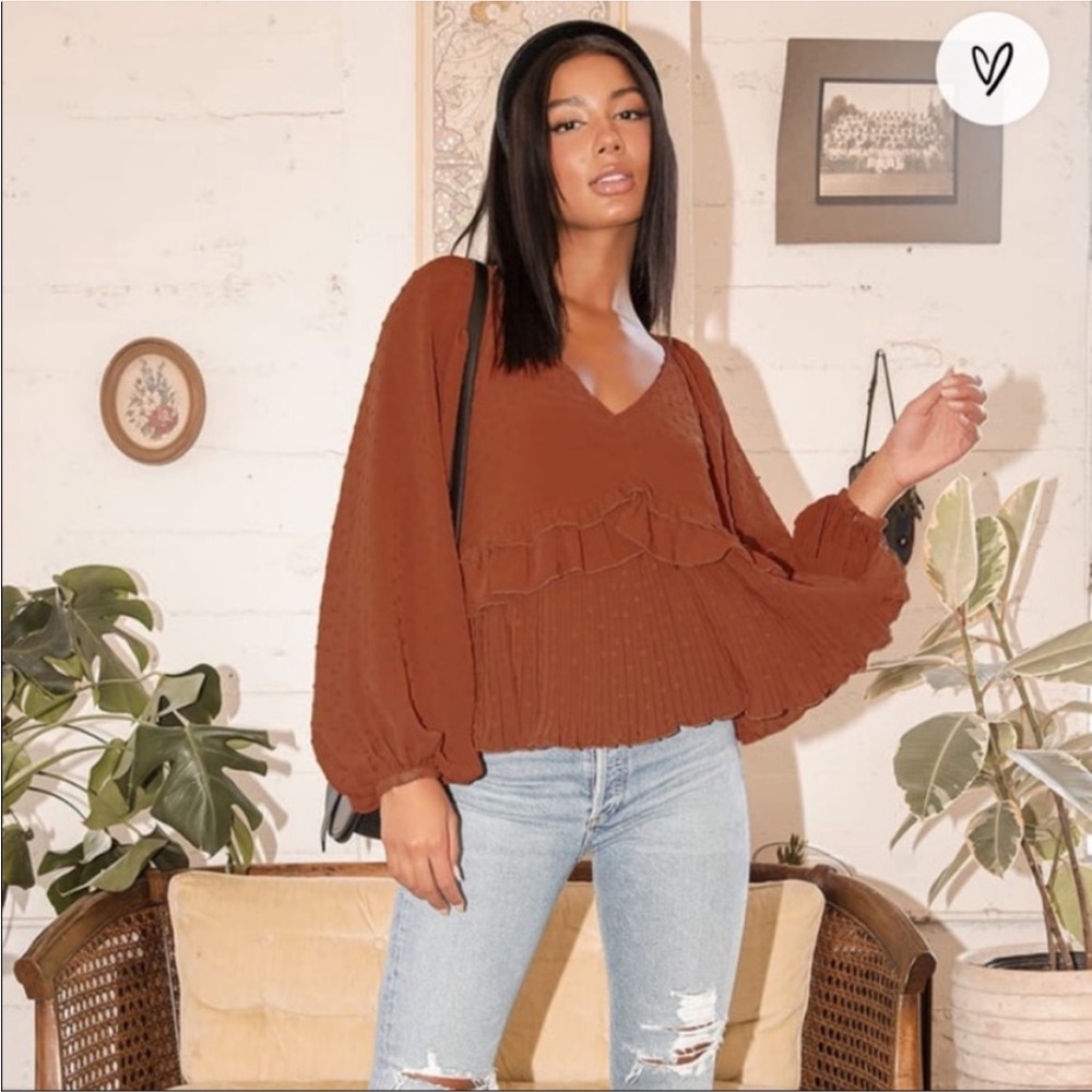 Lulu’s Swiss Dot Ruffled Top Thrills and Frills NWT Rust Orange